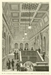 エジソンとスワンのランプに照らされた1881年の国際電気展覧会の階段